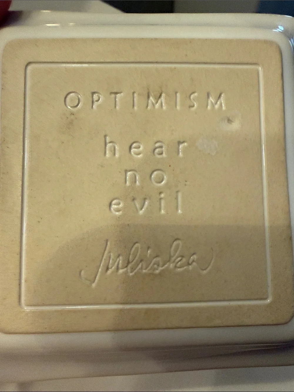Juliska Cream Ceramic Square Dish with Monkey Medallion- Hear No Evil